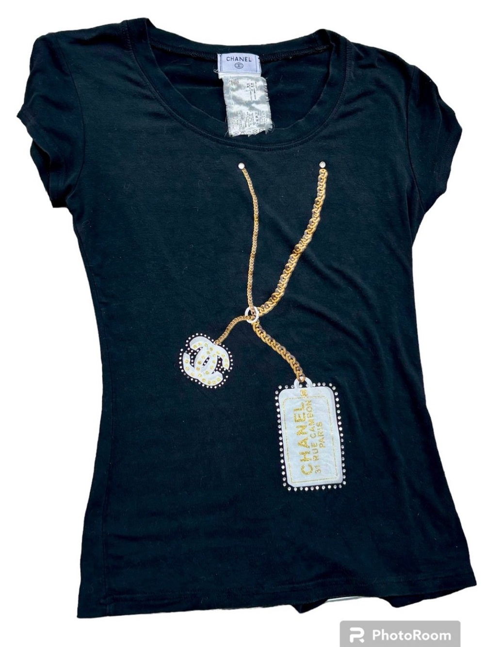 CHANEL Black Tee with Gold Necklace Print